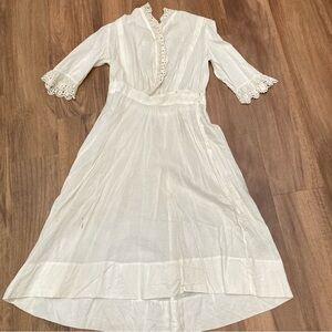 Antique Edwardian Sheer Linen & Cotton Crochet Day Dress Southern Gothic XS Tea
